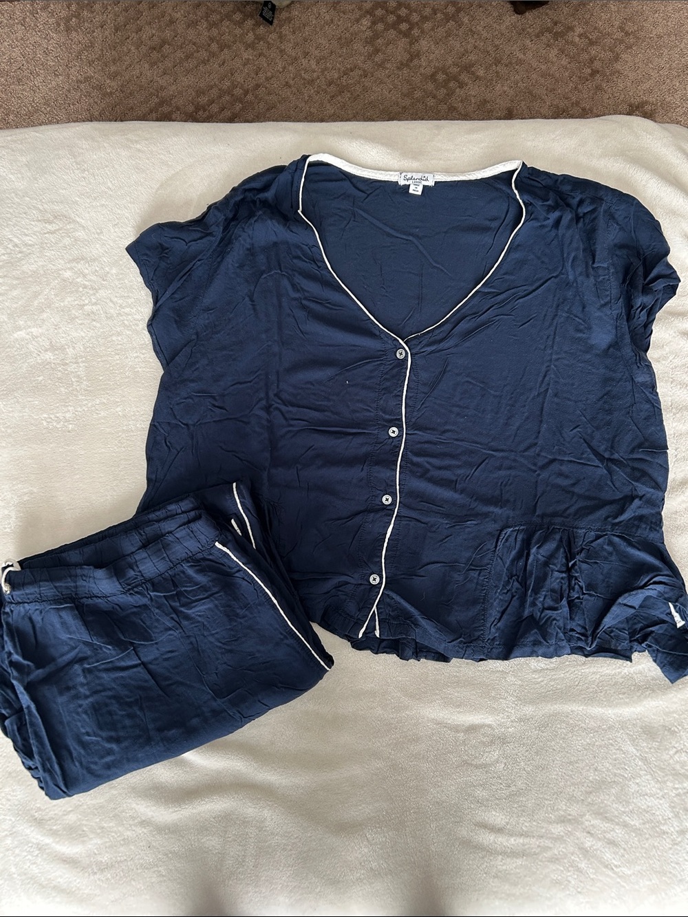 Splendid Navy Blue Short-Sleeve Button Pajama Set with White Piping